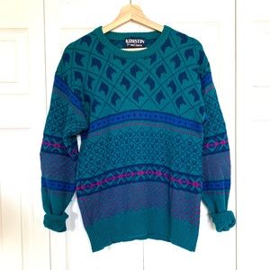 Vintage Teal Wool Equestrian Sweater